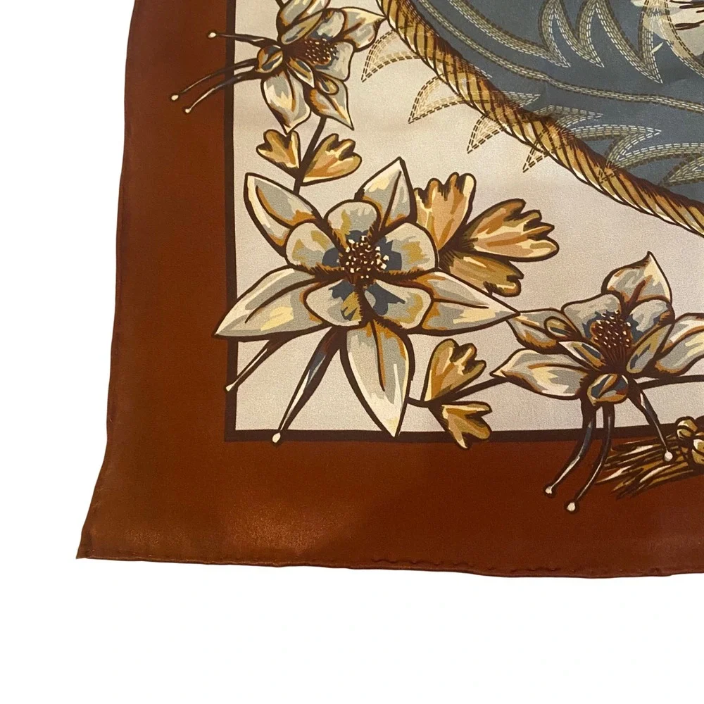 NEW DOUBLE D RANCH 100% Silk Scarf Country Western Cowgirl Boho 25" Blue Brown - Picture 5 of 9